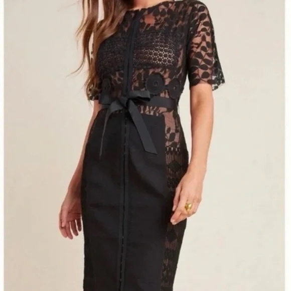 Byron Lars for Anthropologie Carissima Black over nude Lace Midi Dress - Picture 3 of 11